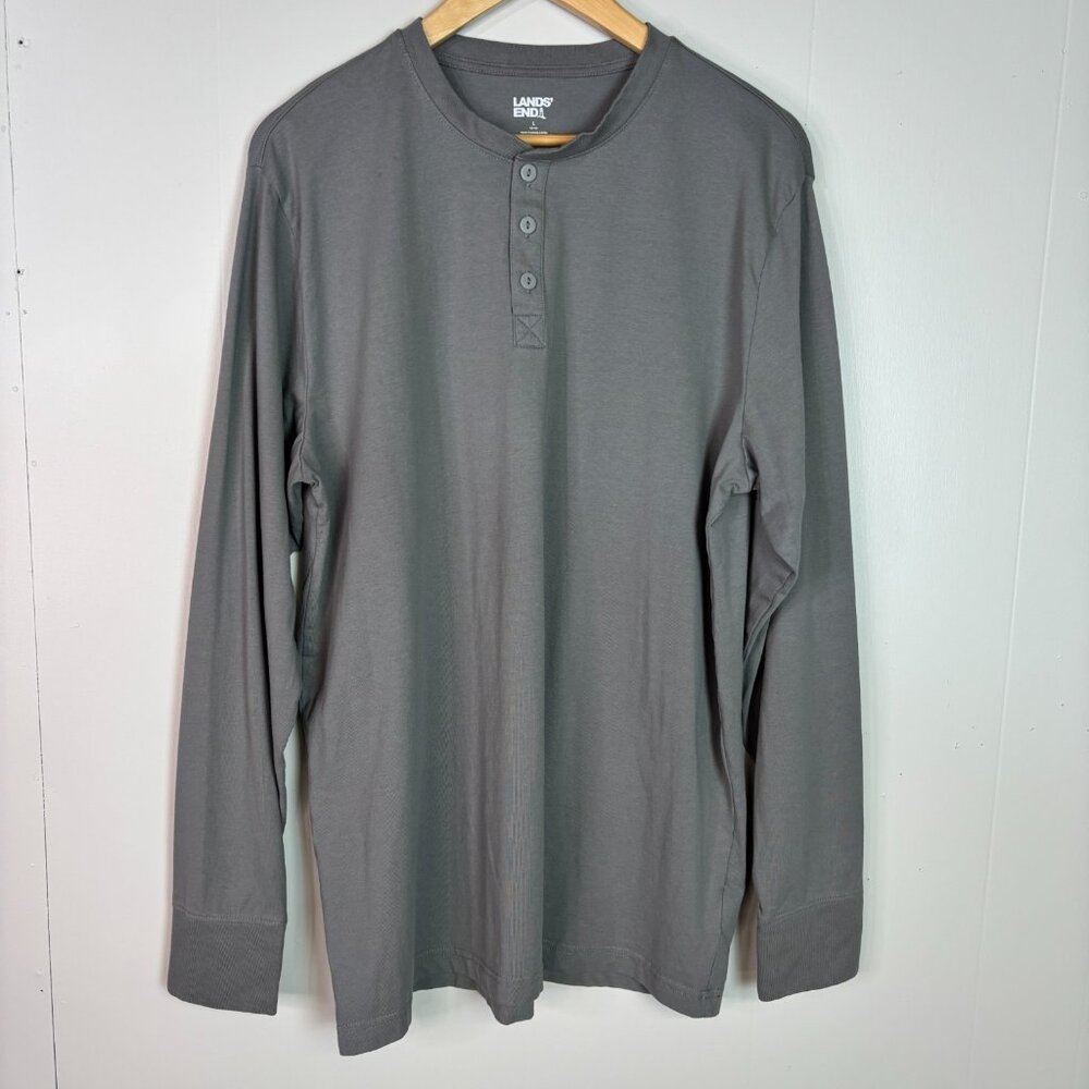 Lands End Shirt Large Henley Gray Stretch Cotton Long Sleeve Casual Men's